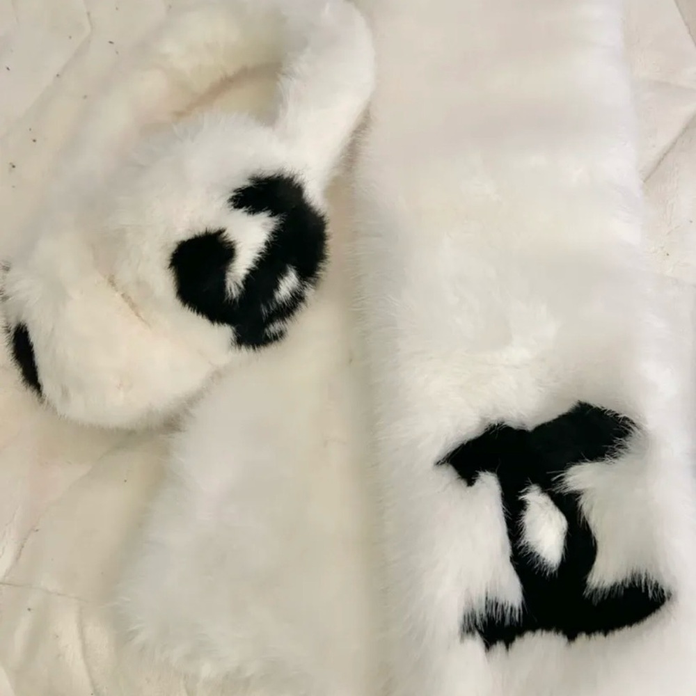 Chic White and Black Faux Fur Scarf and Ear Muffs Set
